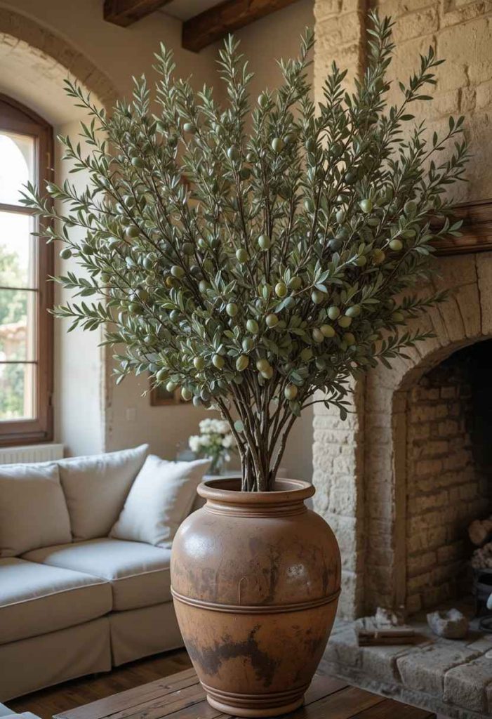  Large olive branches in a weathered terracotta pot beside a stone fireplace in a Tuscan living room.