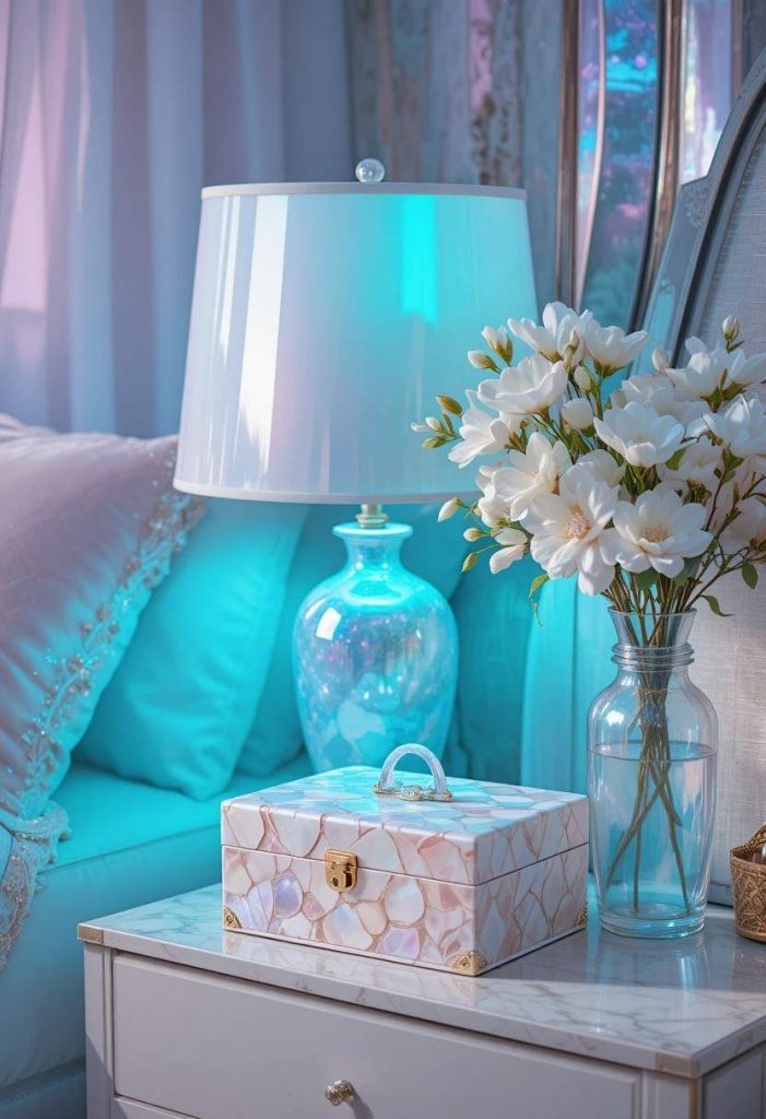 Iridescent lamp, pearl pillow, and mother-of-pearl accents arranged on a mermaidcore bedside table