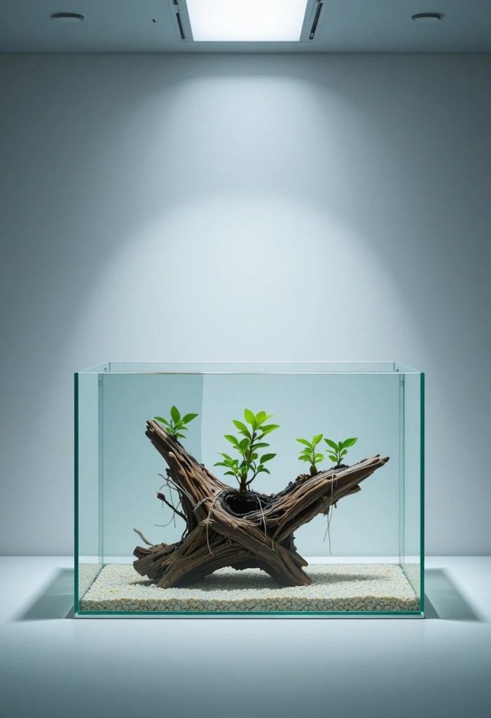 Minimalist bare-bottom aquarium with a single sculptural piece of driftwood and anubias plants