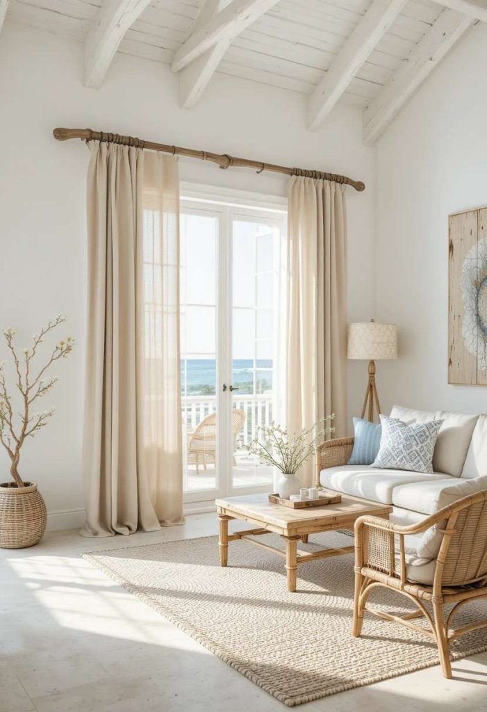 Natural linen tab top curtains on a driftwood rod in a relaxed coastal beach house living room