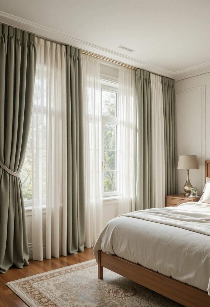 Layered floor-to-ceiling curtains with white linen sheers and sage green velvet drapes in a sophisticated master bedroom
