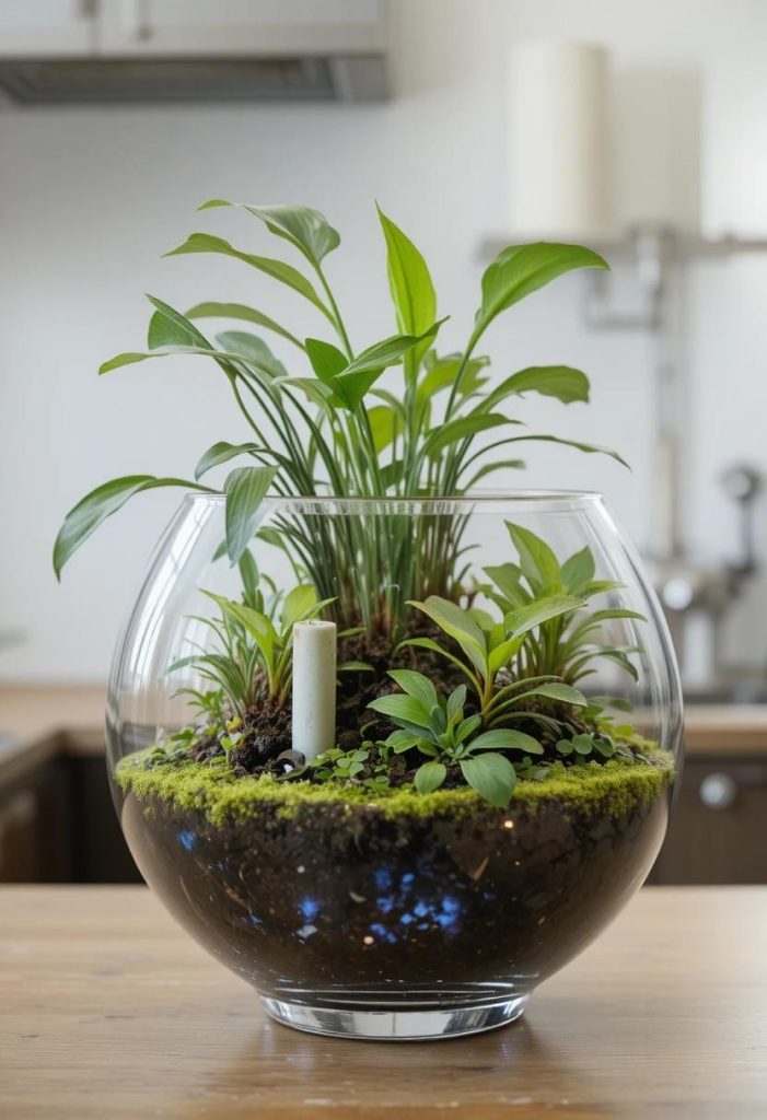 Wabi Kusa bowl with emergent aquatic plants as a minimalist botanical centerpiece