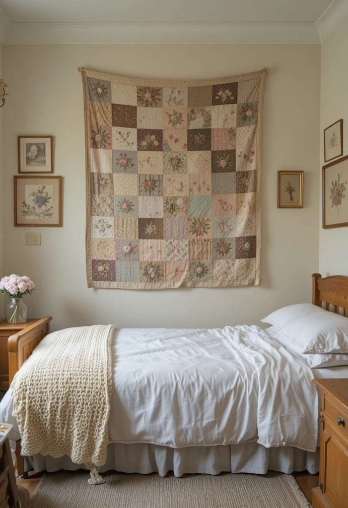 Vintage kids room with hand-stitched patchwork quilt as wall art, crocheted blanket, embroidered samplers and wooden furniture