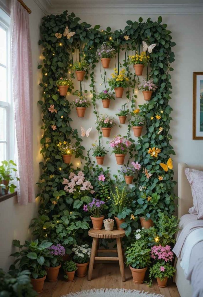  Enchanted garden corner with artificial ivy, faux flowers, butterfly decorations and fairy lights in a whimsical kids bedroom