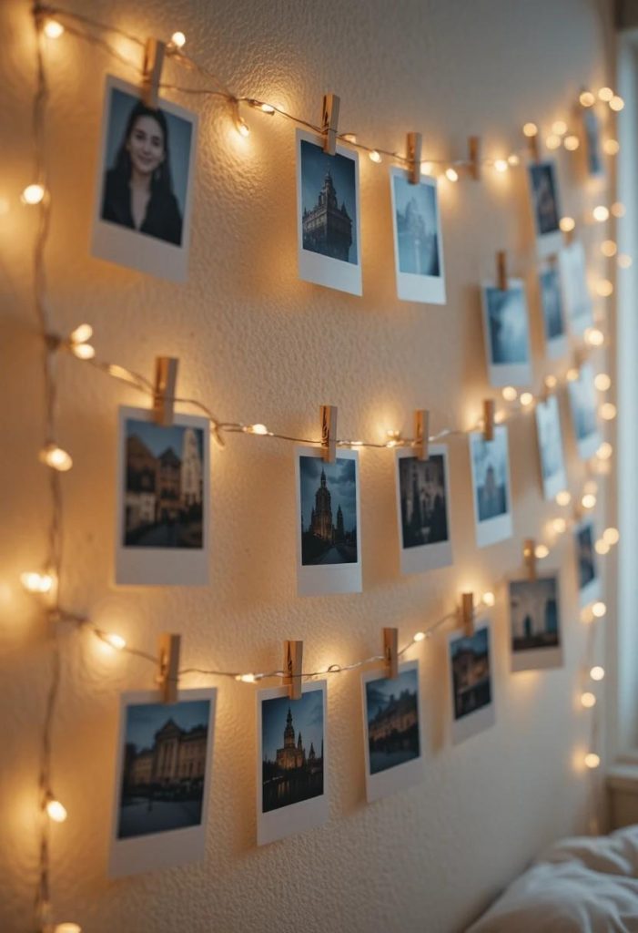 Polaroid photos clipped to twine with warm fairy lights on wall in cozy small college bedroom