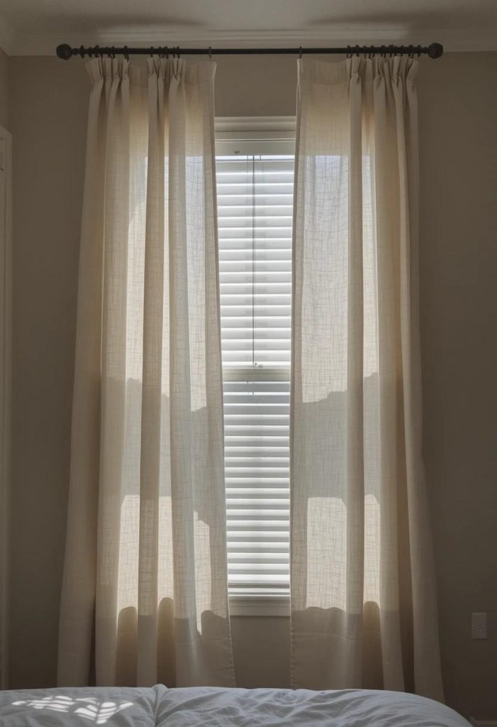  Cream floor-length curtains over dorm blinds in aesthetic budget college bedroom