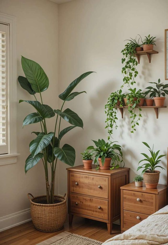 Plants in varied sizes throughout cozy college apartment bedroom