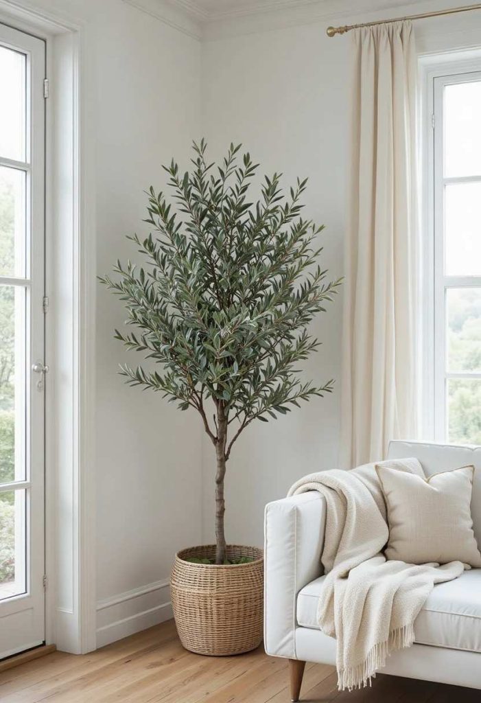 Tall indoor olive tree in a woven basket adding life to a corner of a Scandinavian living room.