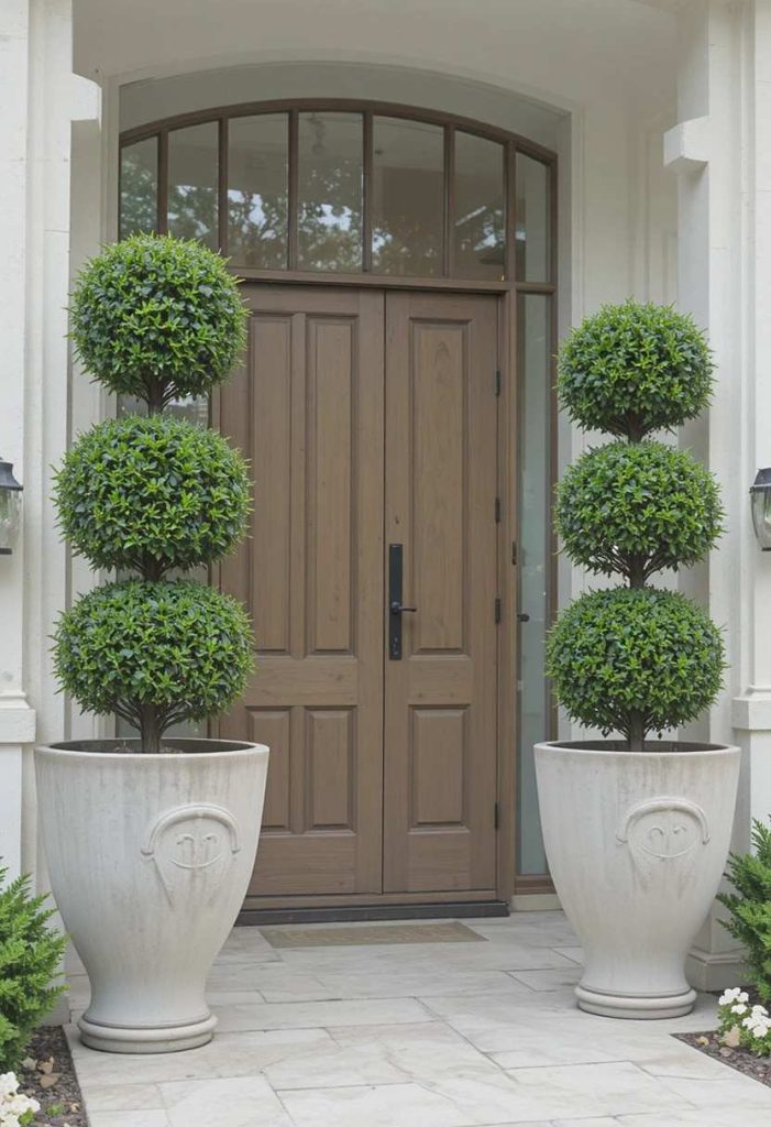 Matching planters with boxwood topiaries flanking the front door of a minimalist home