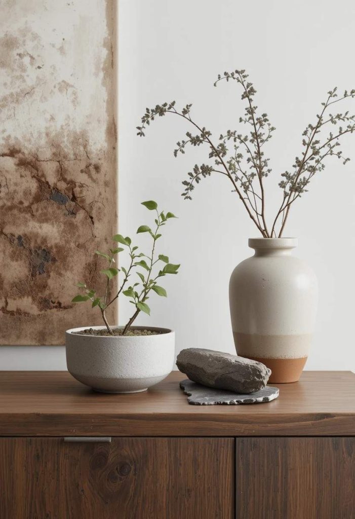 Raw concrete planter, river stone, and stoneware vase styled on a smoked oak dresser in a Japandi bedroom.