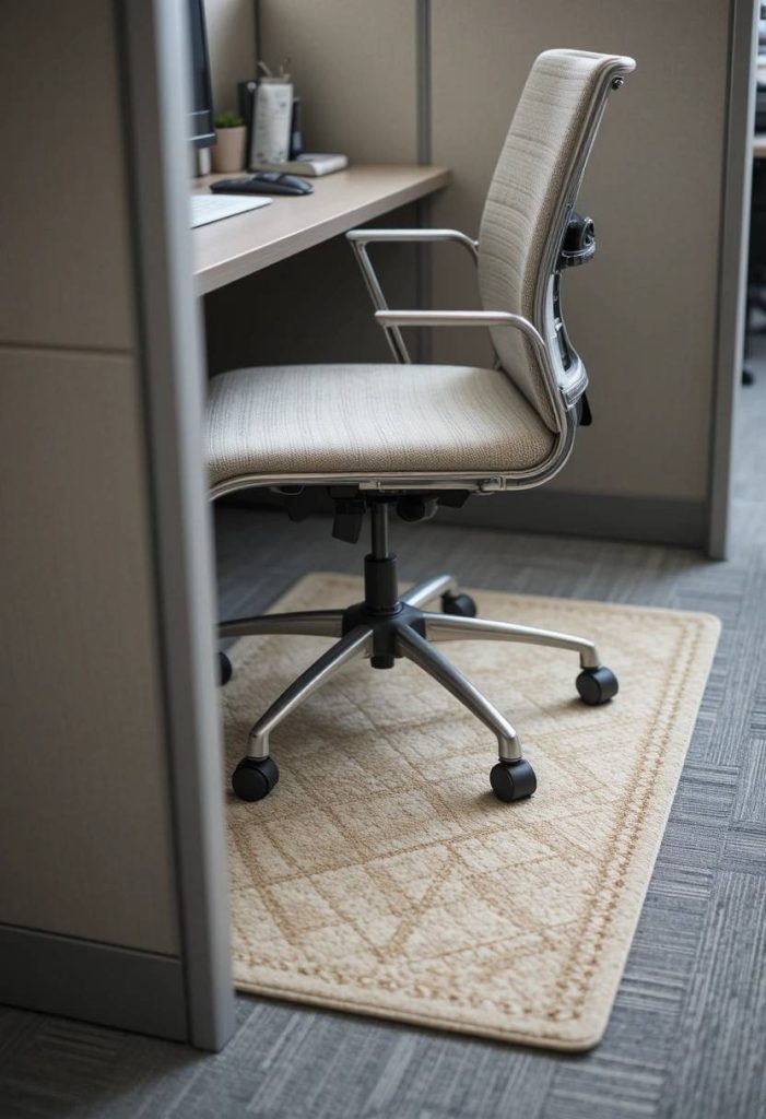 Small cream and oat patterned low pile rug placed under an office chair at a cubicle workstation