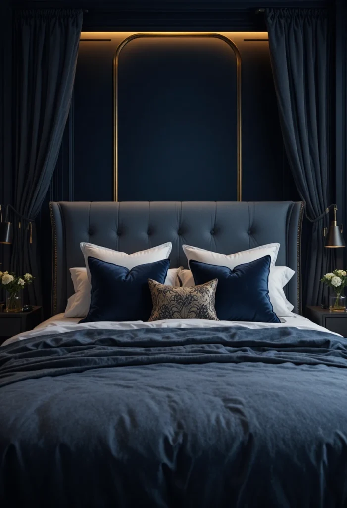 moody dark blue bedroom with velvet textures and warm lighting