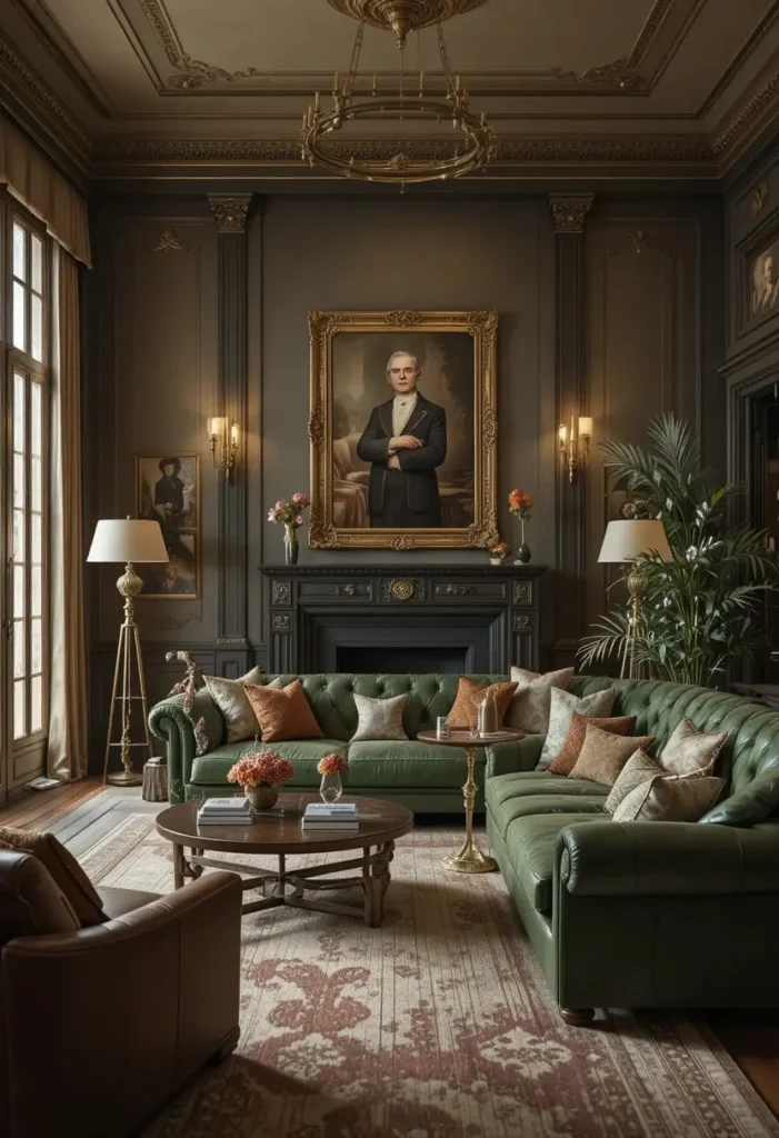 Green leather couch with brass and gold accents
