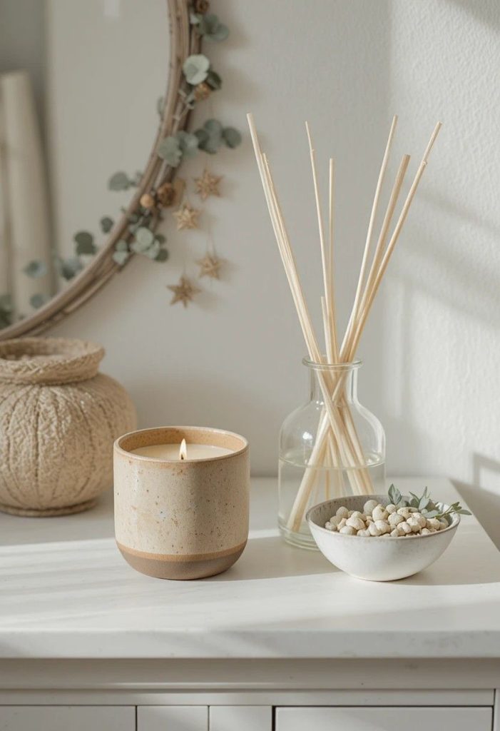Soy candle, glass reed diffuser, and bowl of dried eucalyptus styled on a coastal bedroom dresser.