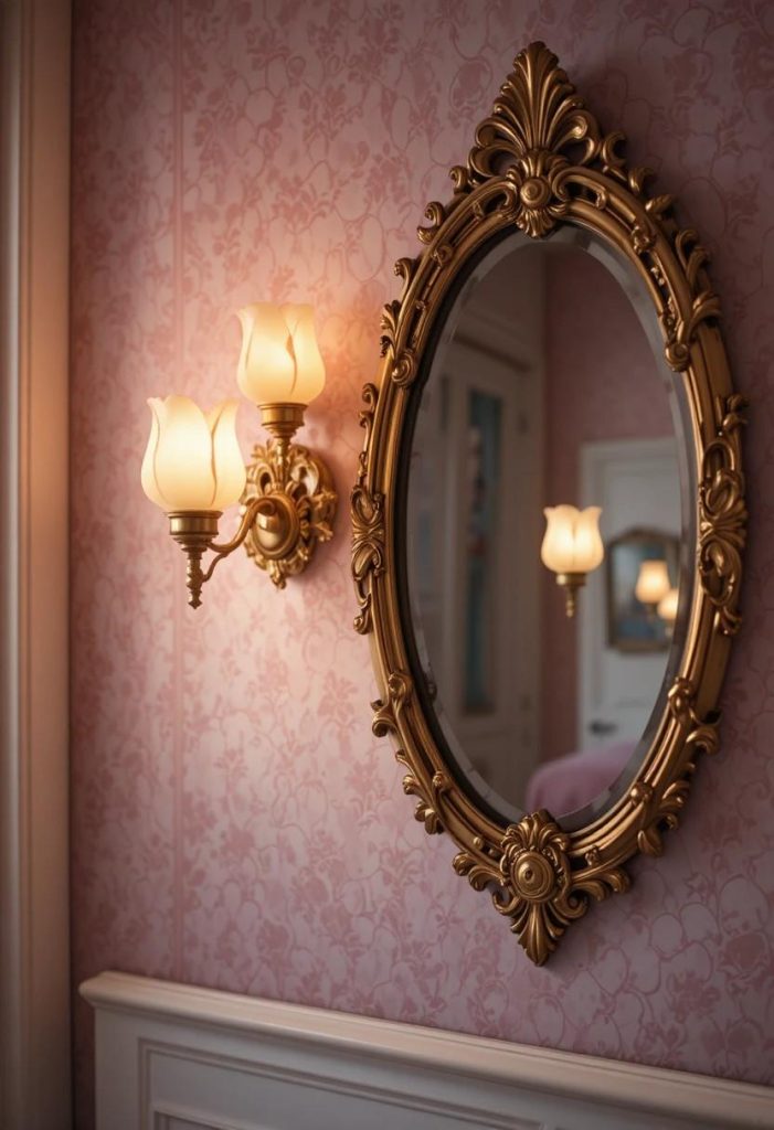 Brass tulip-shaped wall sconces flanking a vintage gold mirror in a whimsical bedroom with pink wallpaper.