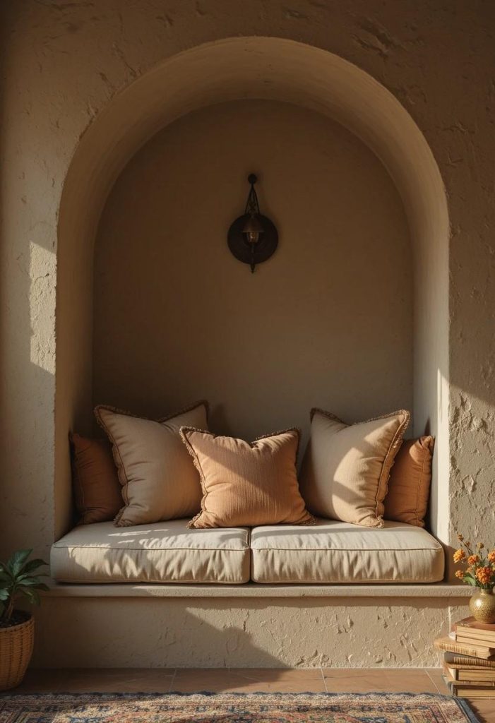 Reading nook in an arched stucco alcove with linen cushion, pillows, vintage books, and brass sconce in a Tuscan living room.