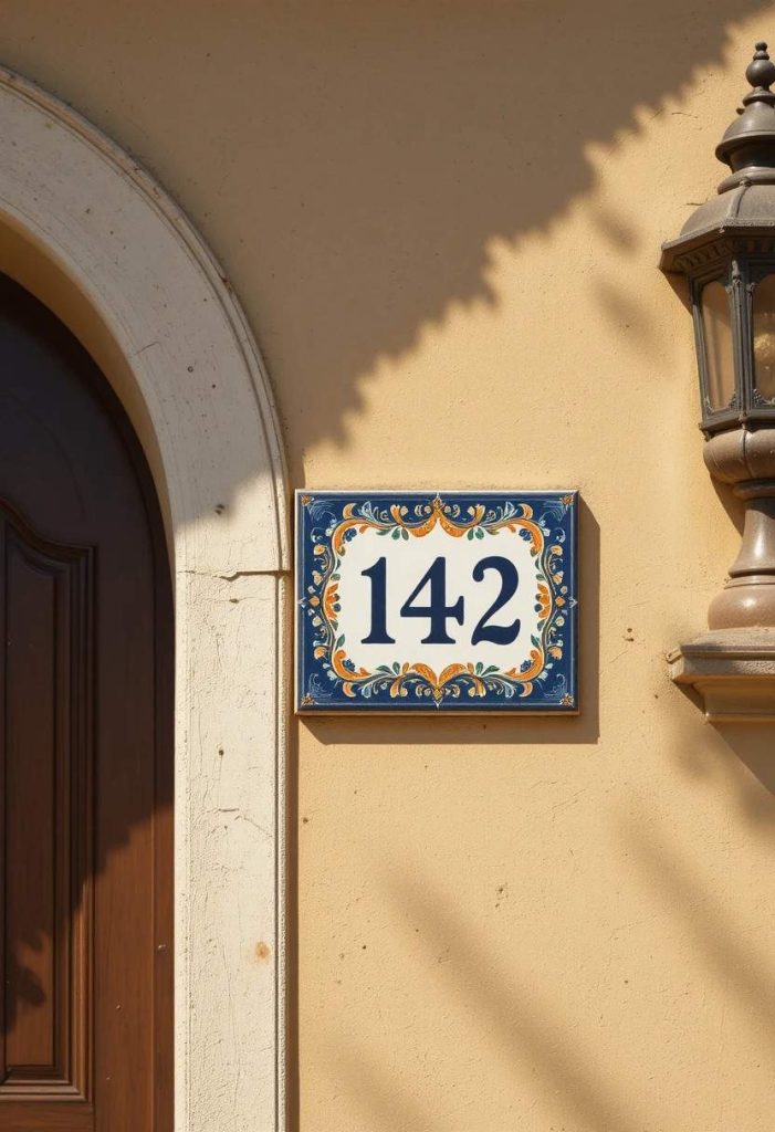 Hand-painted Italian ceramic tile house number plaque with cobalt blue numerals and floral border set into cream stucco beside a wooden Tuscan door.