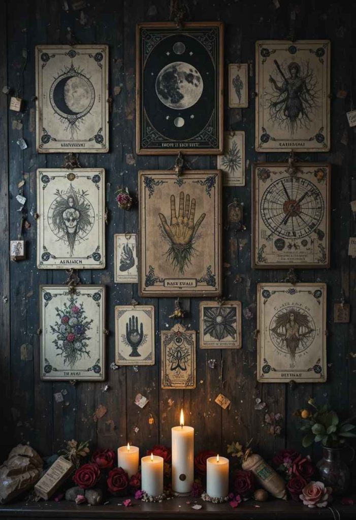Witchy grunge wall display of tarot cards, moon phases, and vintage occult prints