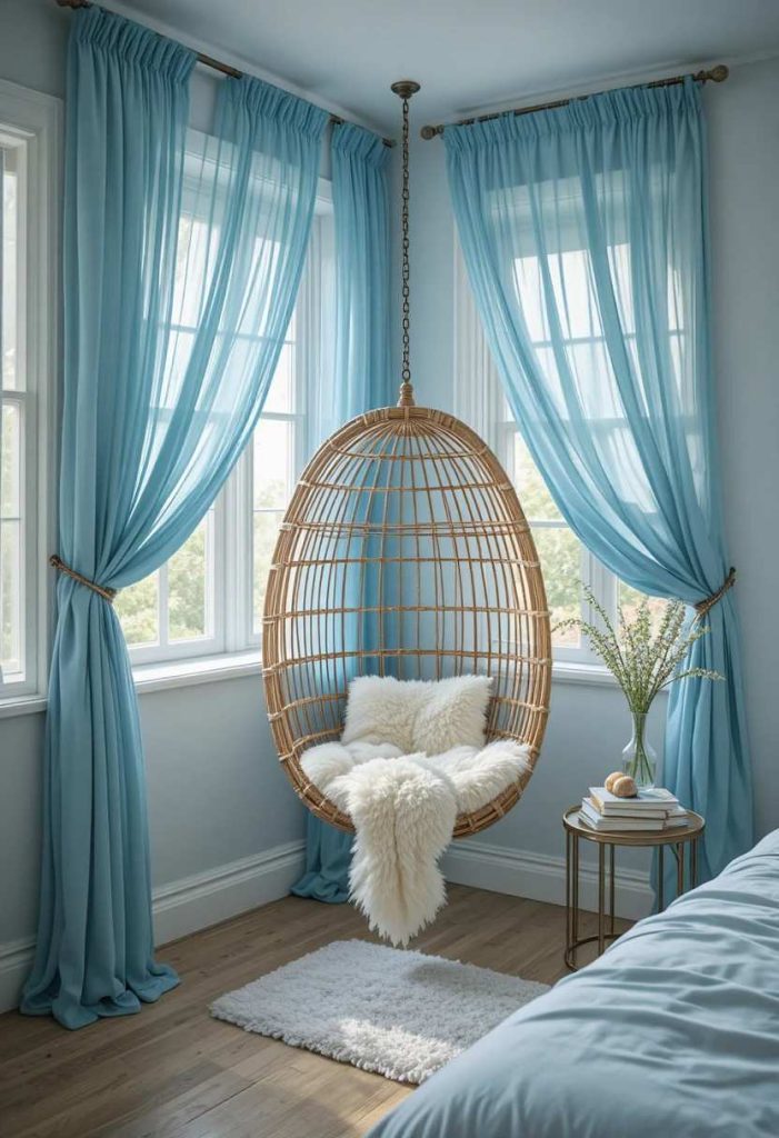 Rattan hanging chair styled as a reading nook with sheer blue curtains and sheepskin throw