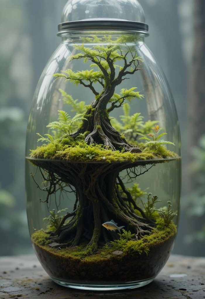 Small paludarium with half land and half water featuring driftwood, mosses, and ferns