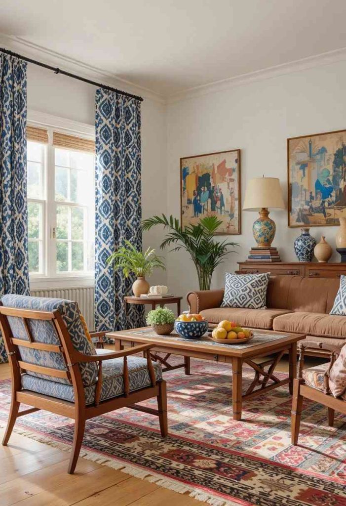 Navy and white ikat patterned curtains in an eclectic globally inspired living room with Moroccan rug