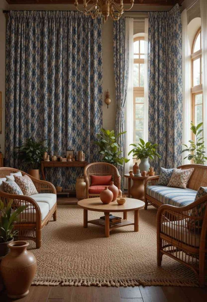 Floor-to-ceiling indigo and cream ikat patterned curtains in a globally inspired living room with rattan furniture and ceramics