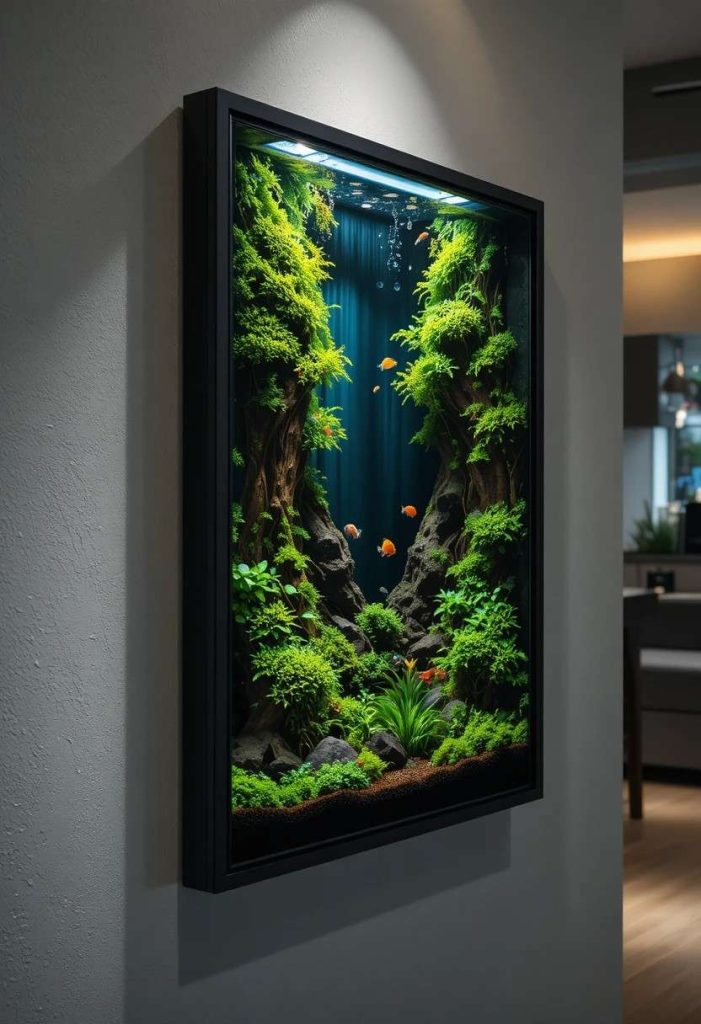 Wall-mounted picture frame aquarium with moss wall and small fish acting as living wall art