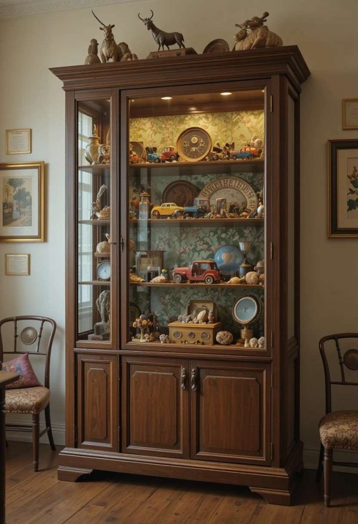 Glass-fronted wooden curiosity cabinet displaying vintage toys, marbles, shells and antiques in a thoughtfully curated kids room