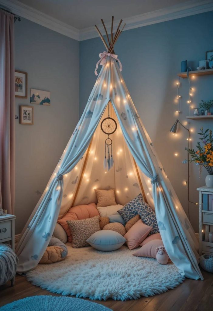 DIY teepee with painted cloud canvas, fairy lights inside, pastel cushions and dreamcatcher in a magical whimsical kids room corner
