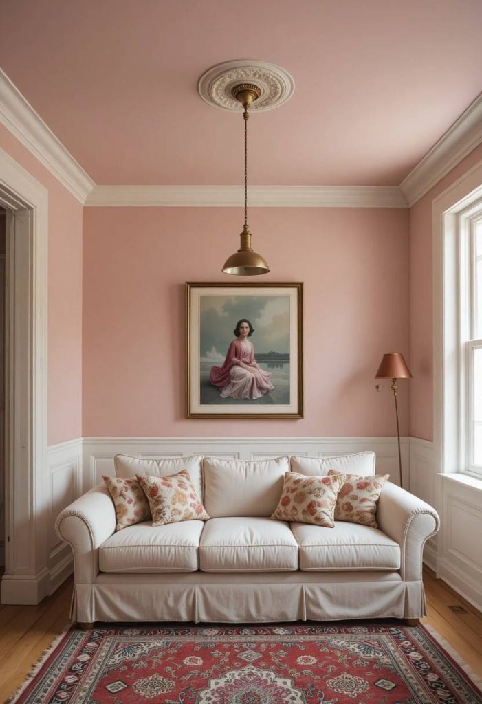 Soft blush pink painted ceiling above cream sofa creating an elegant accent in small living room.