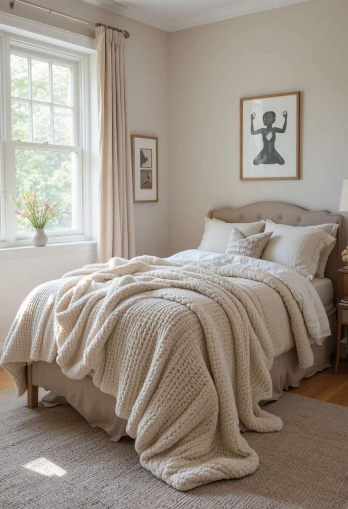 Chunky cream knit throw draped diagonally at foot of bed in cozy small college bedroom