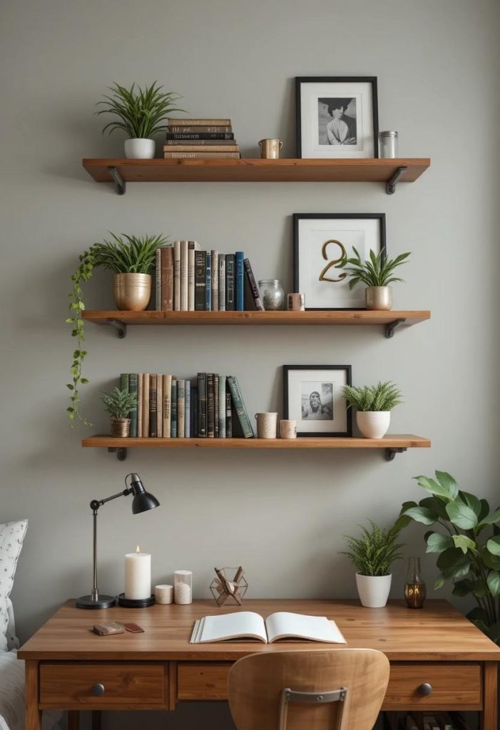 Floating shelves above desk in styled college apartment bedroom