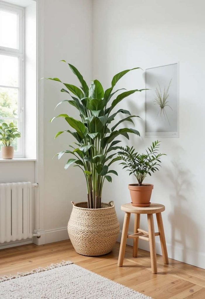 Indoor plants styled in a woven seagrass basket and terracotta pot in a Scandinavian living room corner.