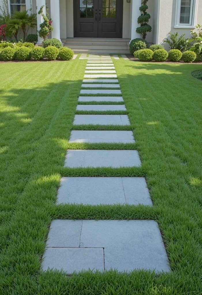 Bluestone stepping stones set into a clean lawn creating a minimalist front yard pathway