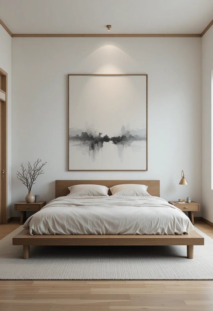 Single minimalist ink wash painting in an oak frame hanging above a low bed in a Japandi bedroom.