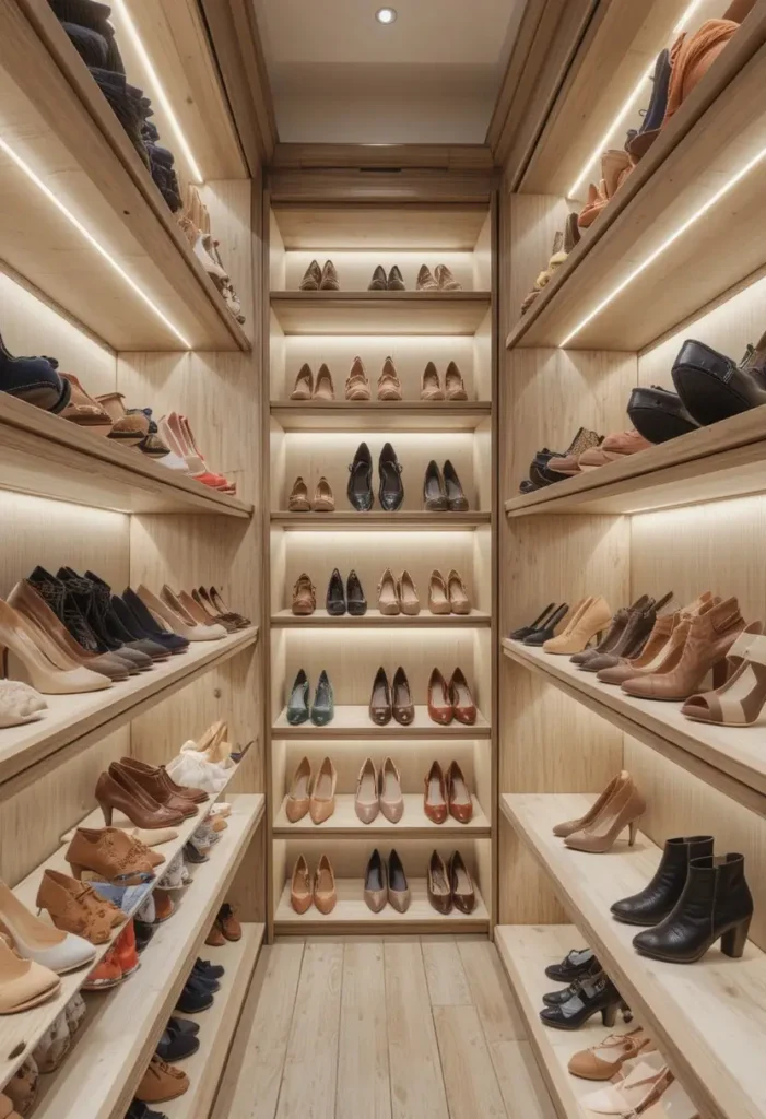 Slanted shoe shelves displaying shoes in a stylish closet setup