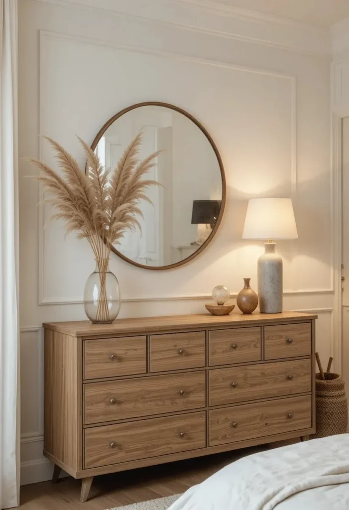Round wall mirror above dresser adding softness and balance to a cozy bedroom setup.