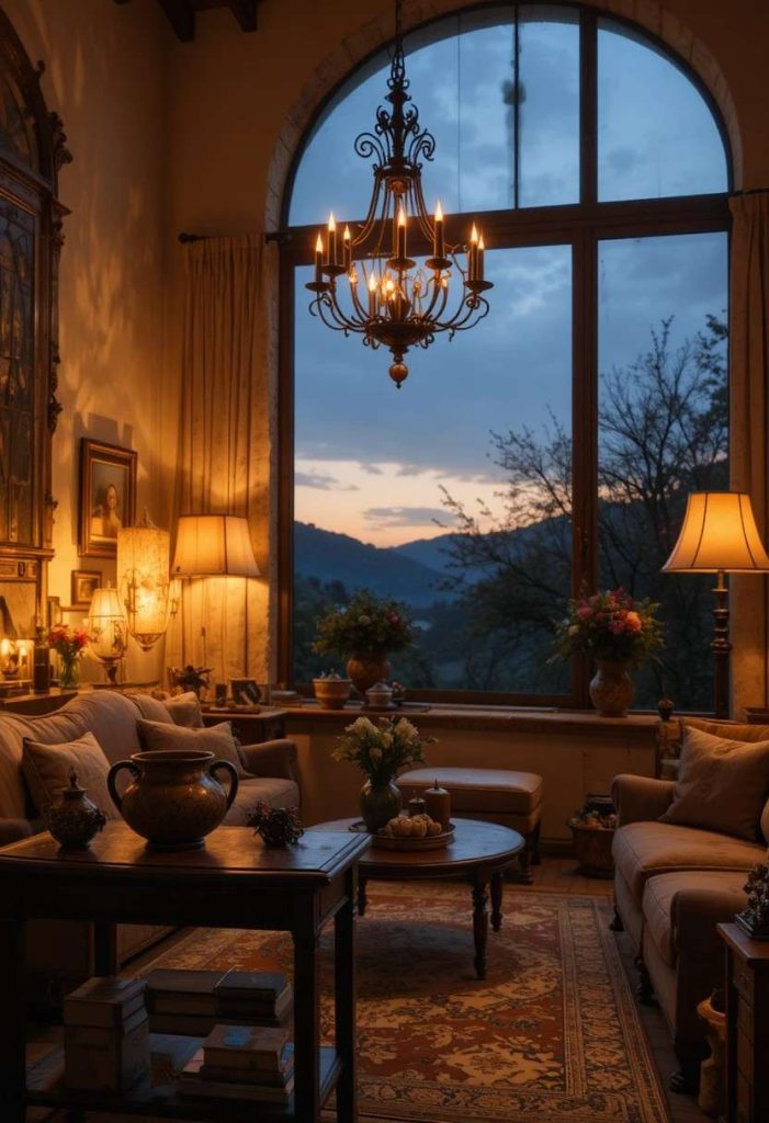 Tuscan living room at dusk lit with warm 2700K light from a chandelier, table lamps with linen shades, and a corner floor lamp.