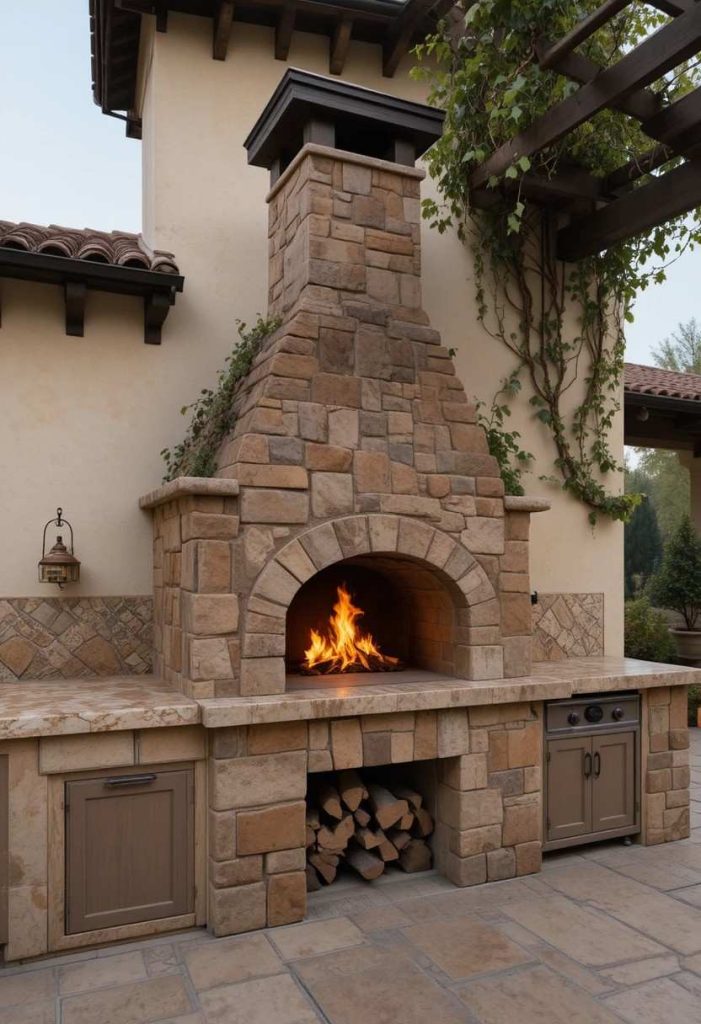 Outdoor wood-fired pizza oven with limestone cladding and clay tile roof integrated into a Tuscan home facade with travertine outdoor kitchen.