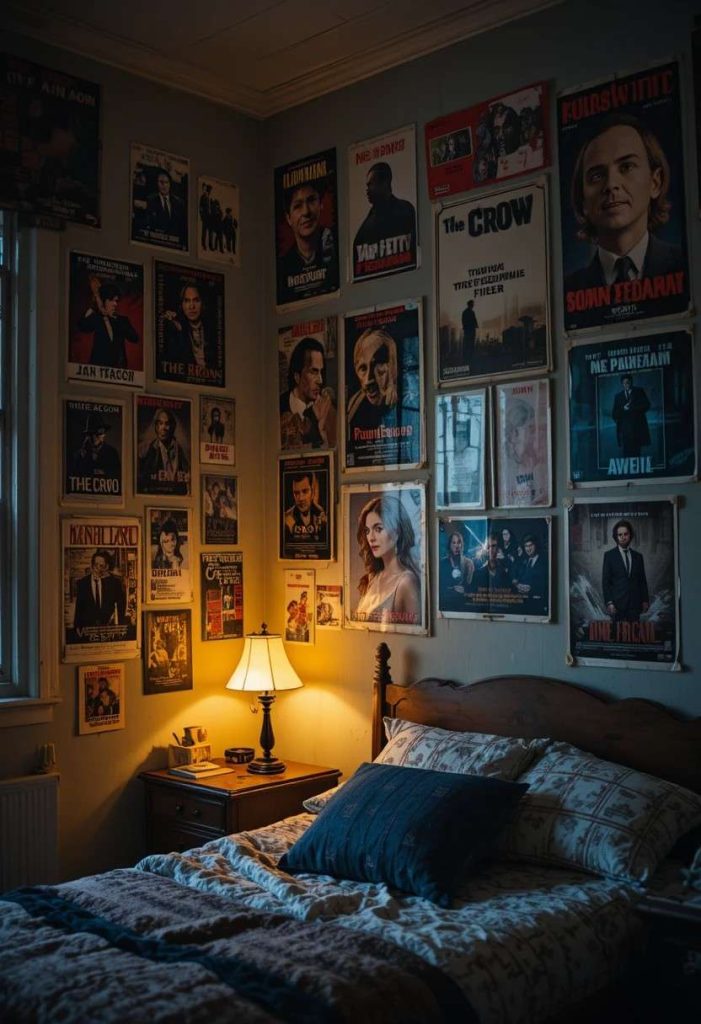 Wall covered in overlapping 90s cult and indie movie posters in grunge style