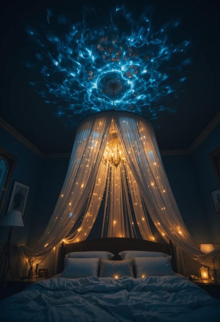 Deep navy bedroom ceiling with projected water ripples and a hanging fishing net canopy