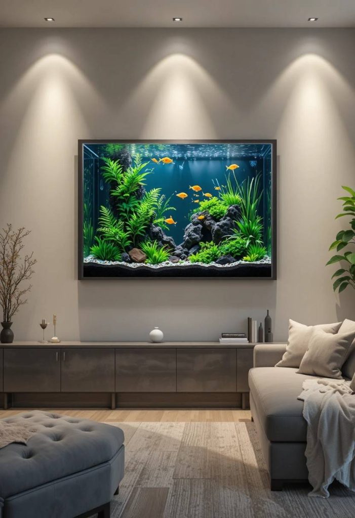Slim wall-mounted aquarium hung like a framed picture with planted aquascape and tetras