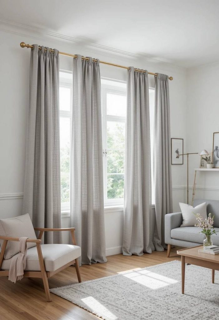 Gray linen eyelet grommet curtains with brushed brass rings in a clean contemporary Scandinavian living room