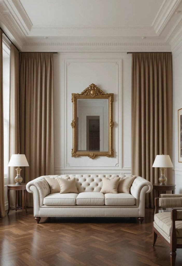Floor-to-ceiling warm taupe linen pinch pleat curtains in a timeless elegant living room with Chesterfield sofa and antique mirror