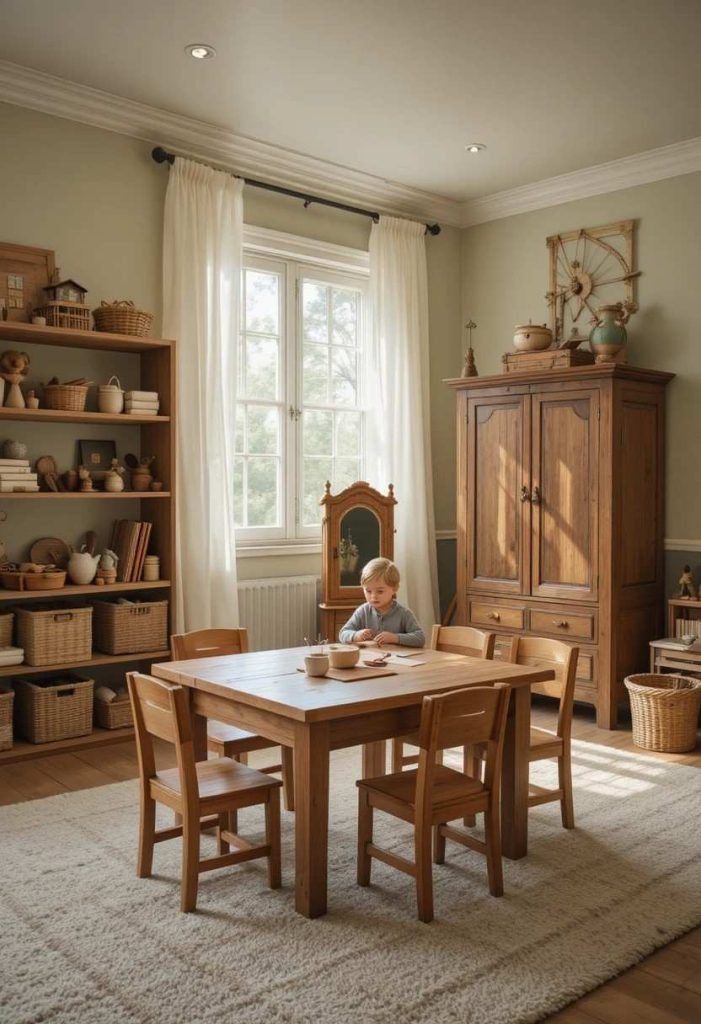Vintage inspired playroom with wooden toy shelves, central craft table, dress-up wardrobe with mirror and puppet theatre