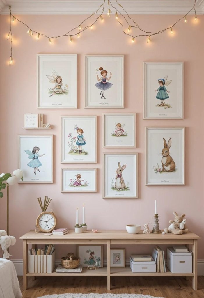 Gallery wall of framed vintage children's book illustrations in white and gold frames on blush wall in a whimsical kids bedroom