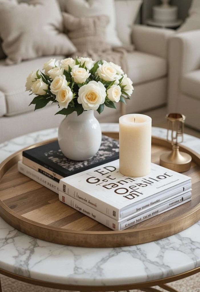 Marble coffee table styled with wooden tray, design books, roses, candle, and brass sculpture.