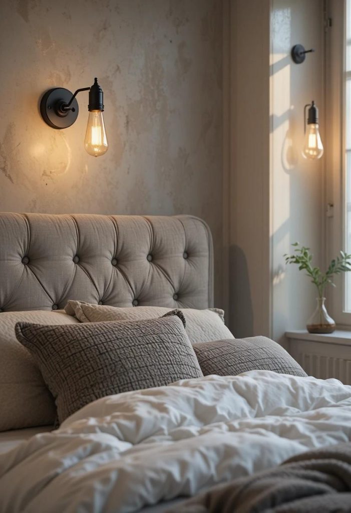 Matte black plug-in wall sconces beside bed in cozy small college bedroom