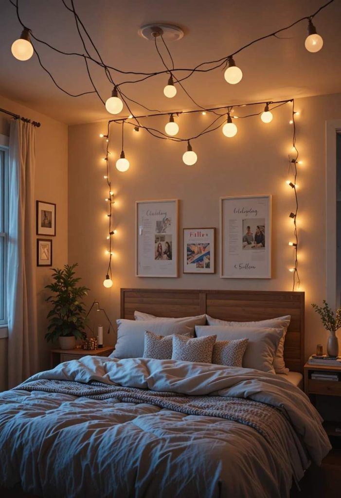 Warm white string lights zigzagged across ceiling in aesthetic budget college bedroom