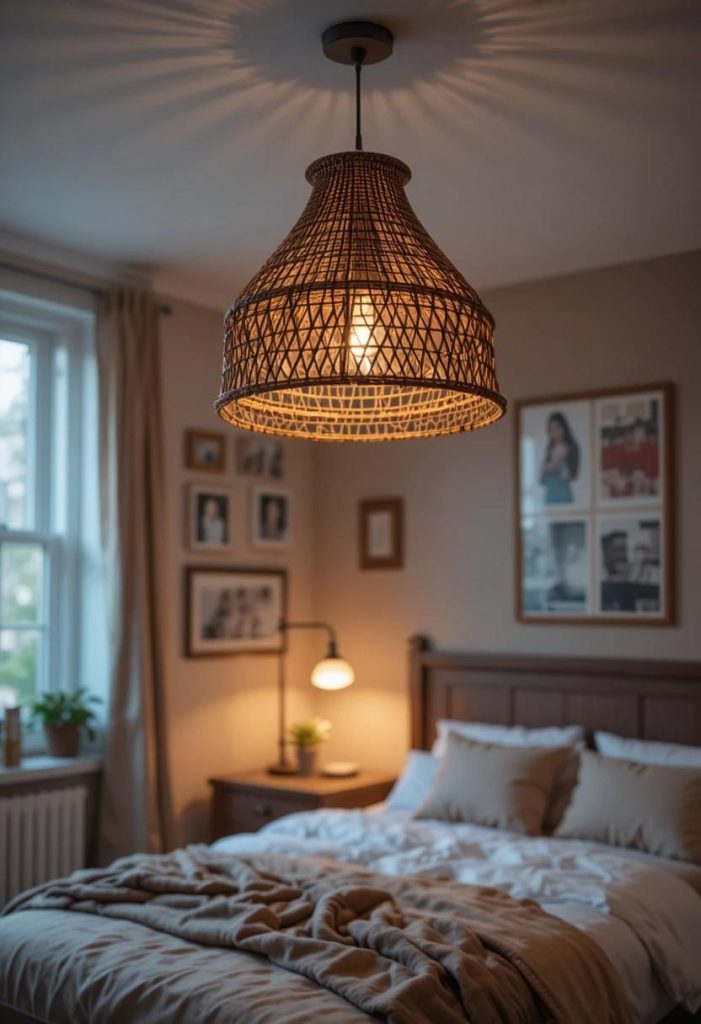 Woven rattan pendant statement light in college apartment bedroom